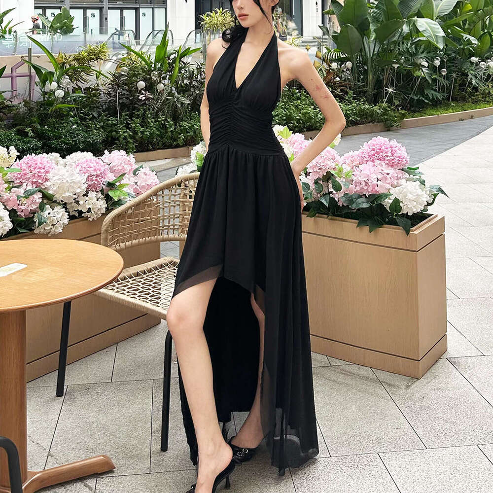 2025 Summer New Fashion Sexy Slim V-Neck Hot Girl Solid Color Halter Neck Slit Dress 2f1