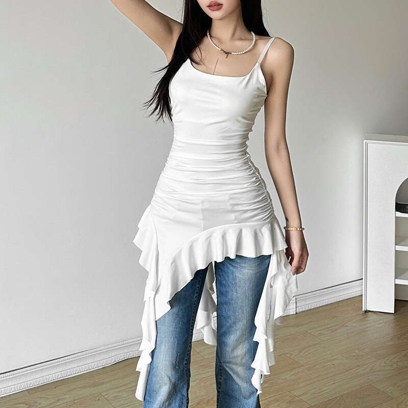 2024 Summer New Women's Solid Color Sexy Strap Irregular Long Vest 315