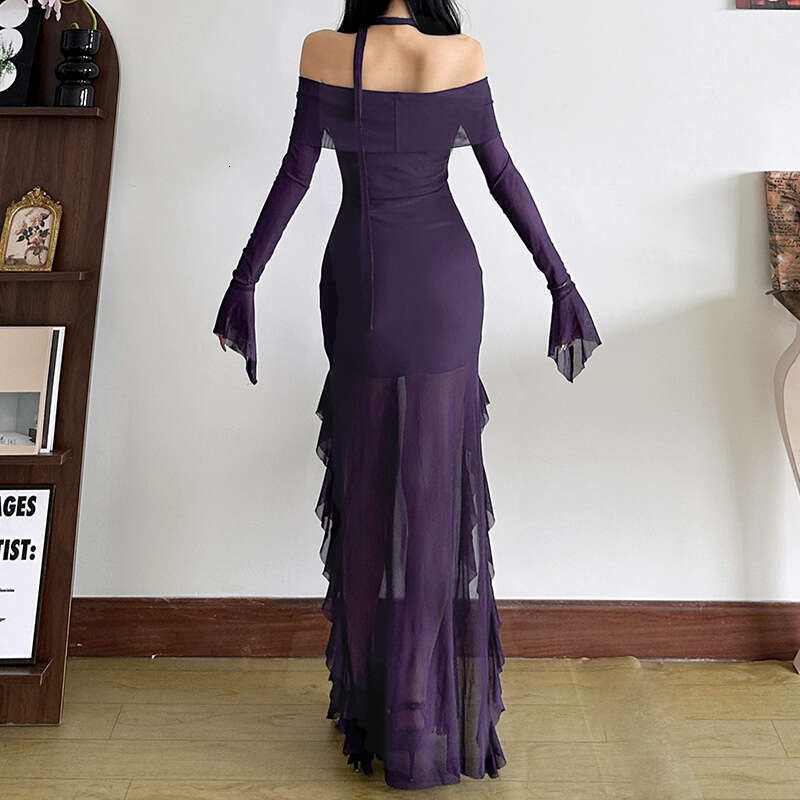 2024 Autumn New Women's Solid Color Slim Fit Fashion Off-Shoulder Long Sleeve Split Dress fbf