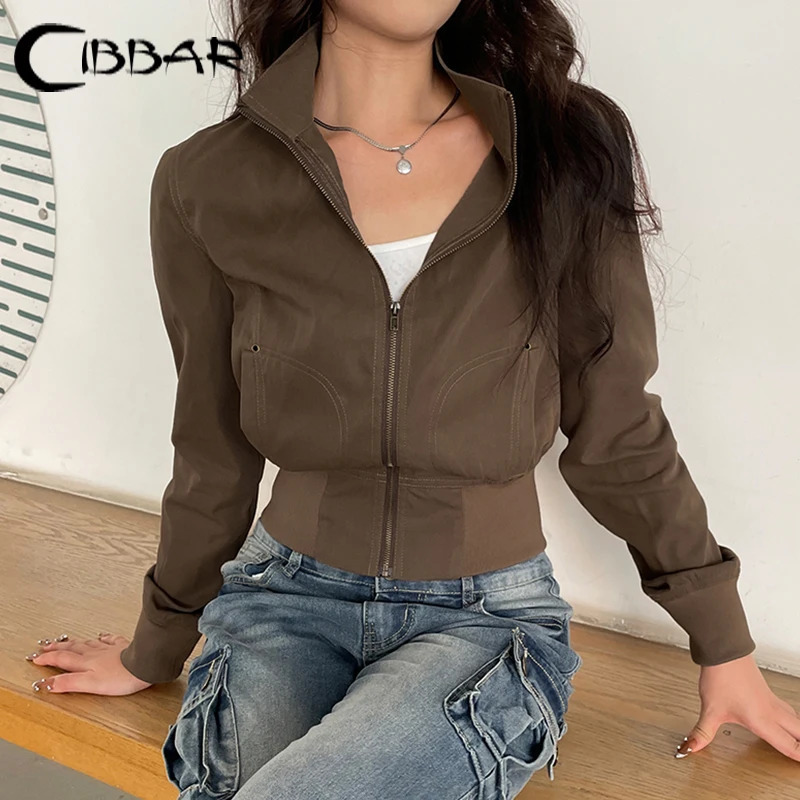 CIBBAR Brown Turtleneck Cargo Jackets y2k Streetwear Pockets Patchwork Full Sleeve Women Crop Autumn Harajuku Outerwear 250717