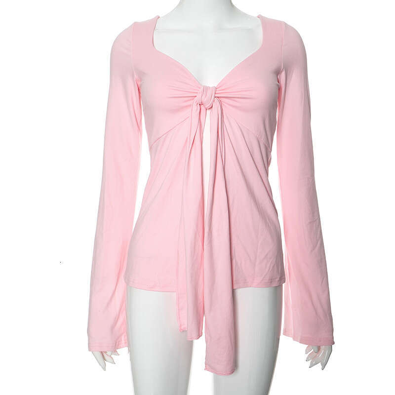 Q23tp671 Women's Autumn New Solid Color Twist Bell Sleeve Split Cropped Top T-Shirt B5