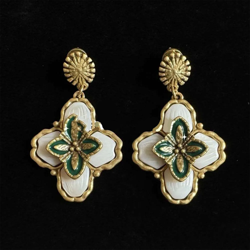 Vintage Pendant Designer Jewelry Green Flower Earrings