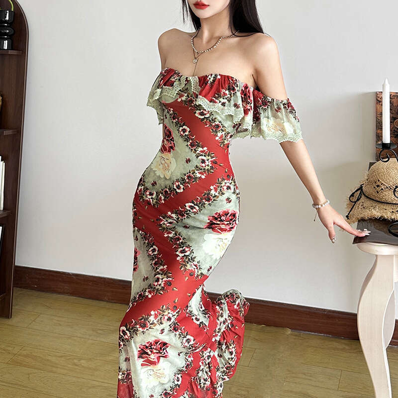 2025 Women's Spring Summer New Fashion Printed Slim Sexy Off-Shoulder Dress 2ac