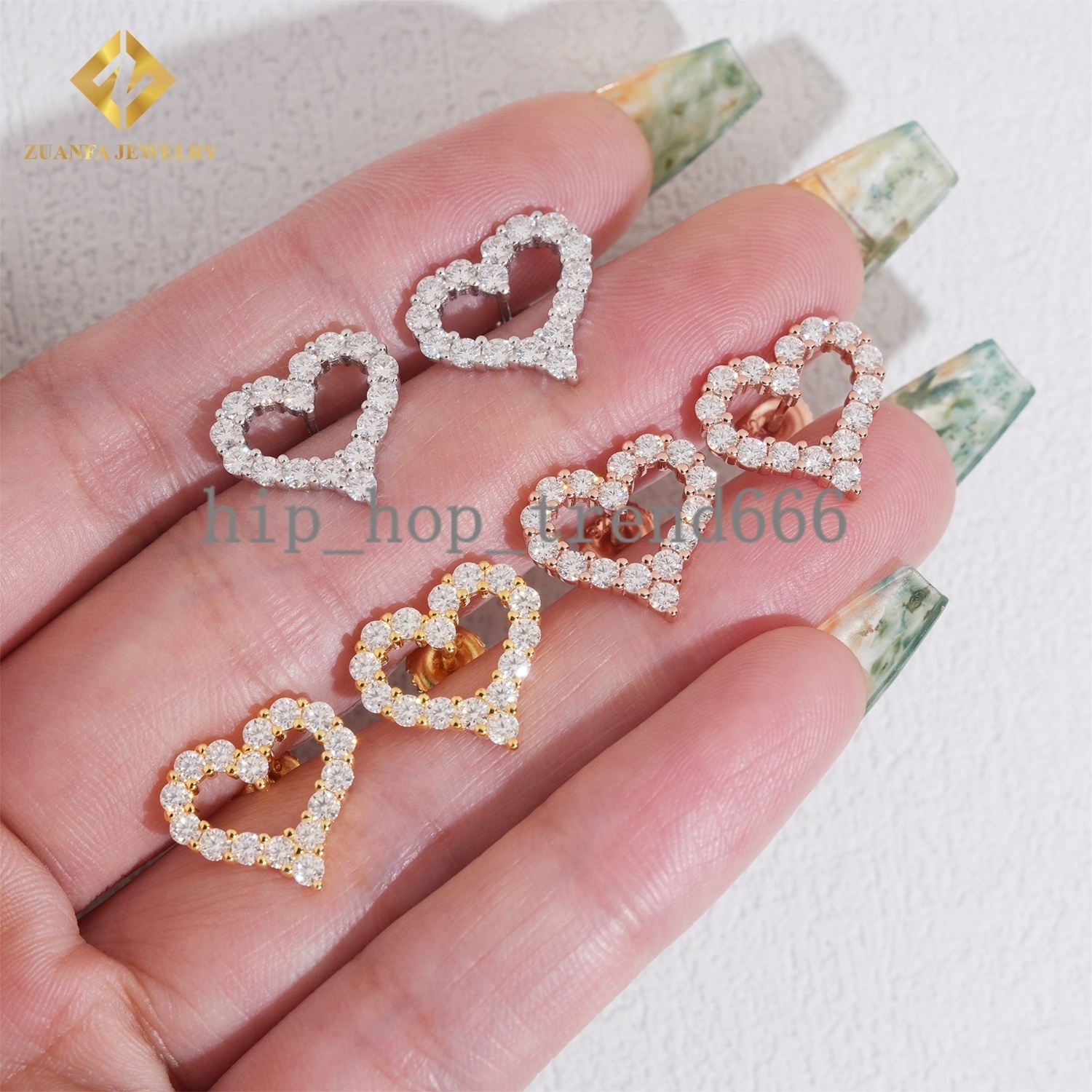 Luxury Unique Hollow Heart Women Moissanite Earrings Iced Out Fashion 18k Gold Plated 925 Silver Rose Gold Plated
