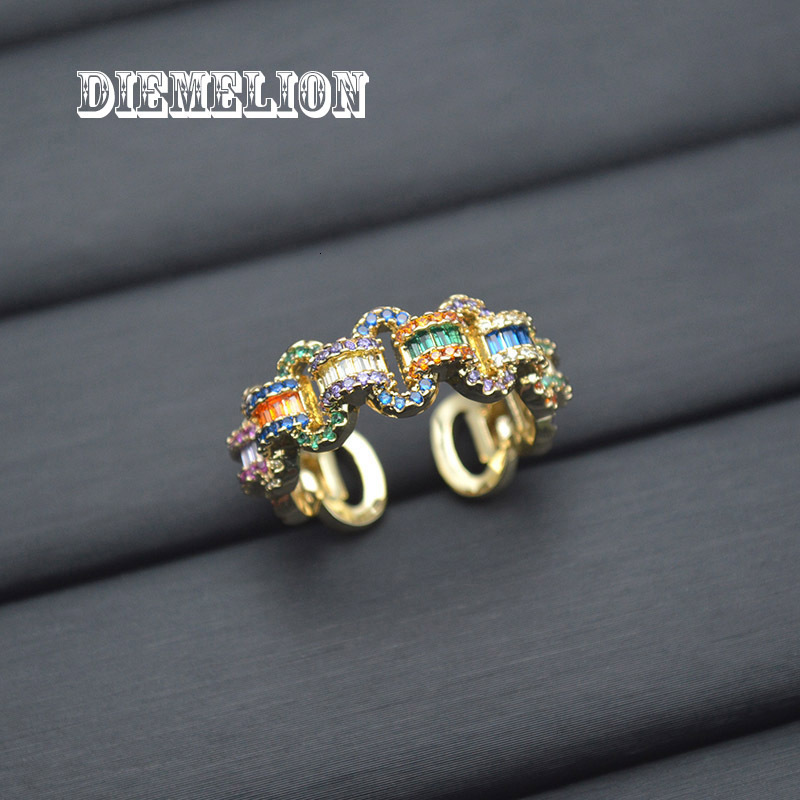 European And American Punk Hip-hop Colorful Designer Jewelry Zircon Ring Hollow Shiny Personality Cuban Chain Luxury Jewelry Ring Gold-plated Color-re