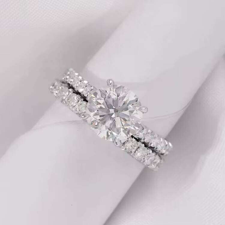 Customized 2CT Round Moissanite Dia Hidden Halo 14K White Gold Wedding Rings and Bands Jewelry Set