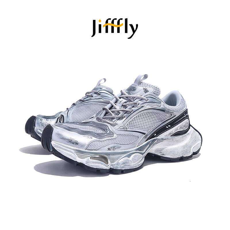 Jiffly Men's Silver Dad Shoes - Retro Sneakers with Thick Sole for Height Boost