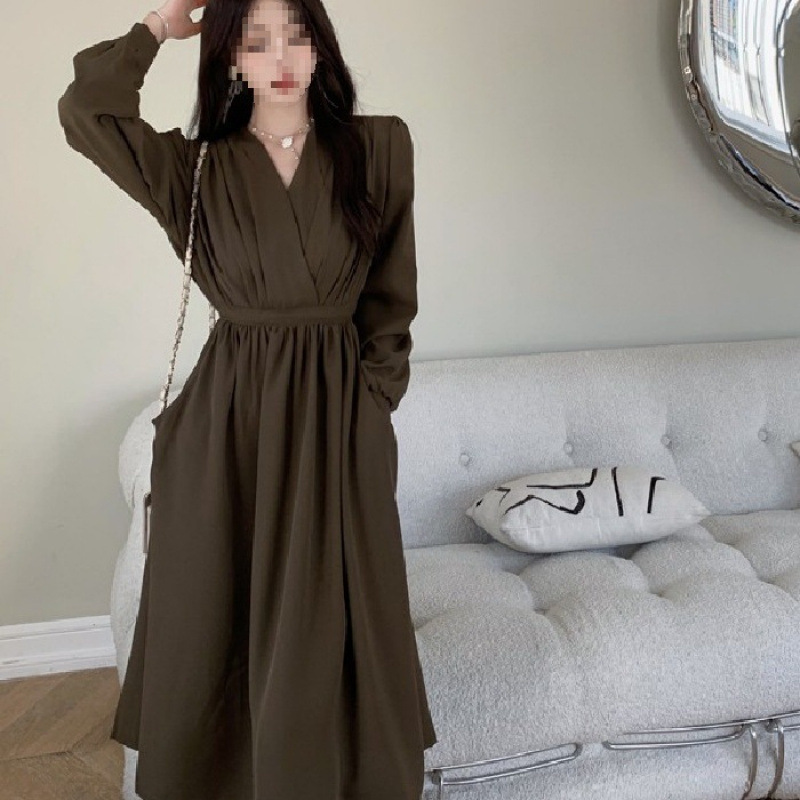 DR150 French style age-reducing belly-covering retro square-neck over-the-knee long skirt