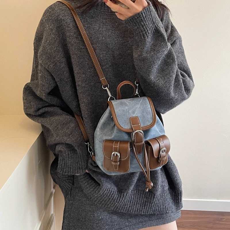2025 New Luxury Korean Vintage Backpack Student School Bag with Wens Pu Leather Small Double Pockets Backpacks Y250724