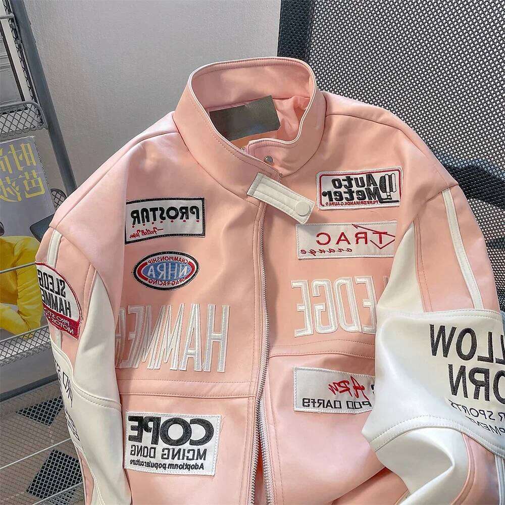 Trend Hip Hop Motorcycle Women's UP Leather American Pink Jacket Y2K ing High Quality Embroidered Windproof Jackets