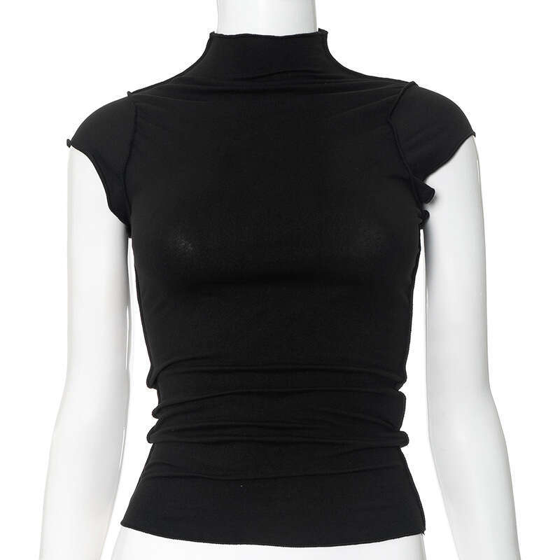 Qtp013 Women's Summer New Solid Color Half High Neck Sleeveless Crop Top Ruffled Vest T-Shirt B5