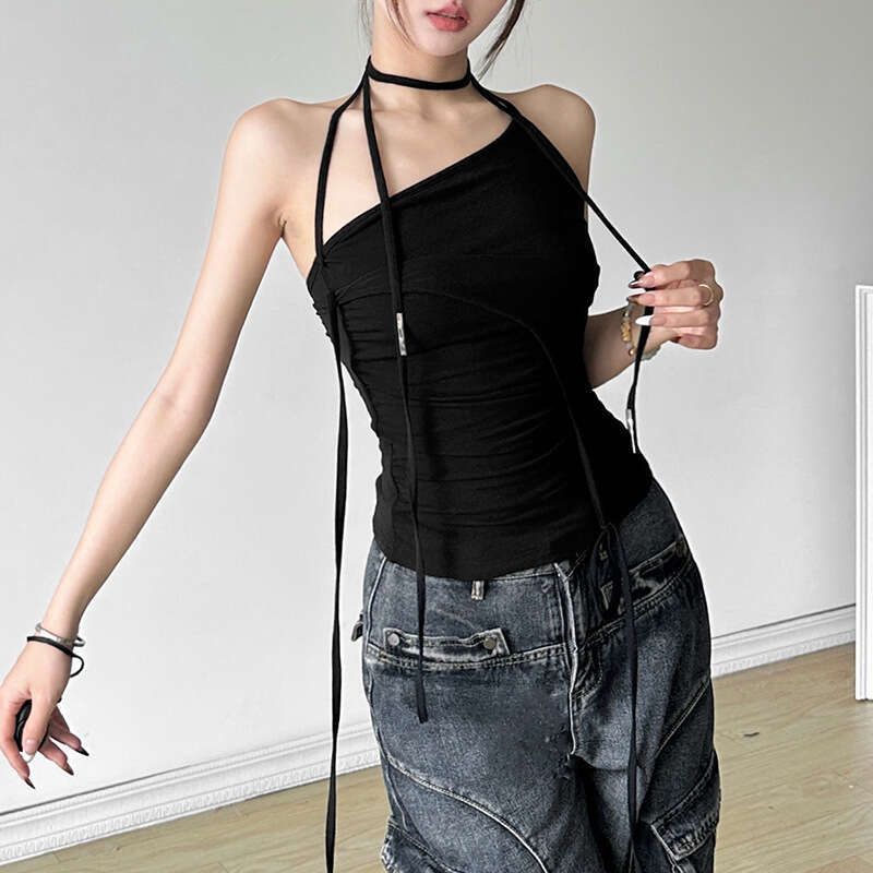 2024 Summer New Women's Solid Color Slim Fit Street Fashion Halter Sexy Backless Tank Top 38e