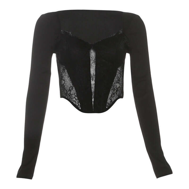 2024 Autumn New Women's Solid Color Sexy Lace Trim Slim Fit Long Sleeve Square Neck Crop Top T-Shirt f74