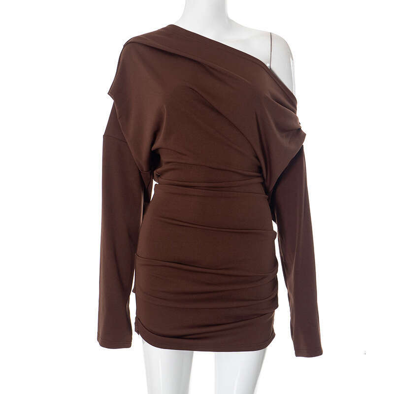 /7 Women's Fashion Autumn New Solid Color Off-Shoulder Asymmetrical Neck Sexy High-Waisted Short Dress For Women B5