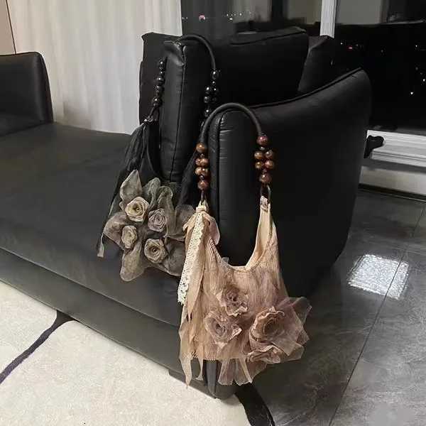 Chinese Style Rose Decor Shoulder Bags Fi Cmuter Tote Bags Classic Pleated Handbags High Quality Wen Underarm Bags Y250725