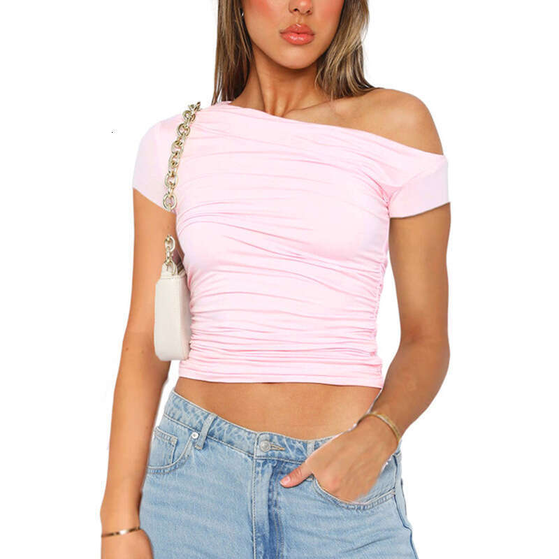 Y23tp747 Women's Spring New Solid Color Off-Shoulder Short Sleeve Ruched Crop Top T-Shirt B5