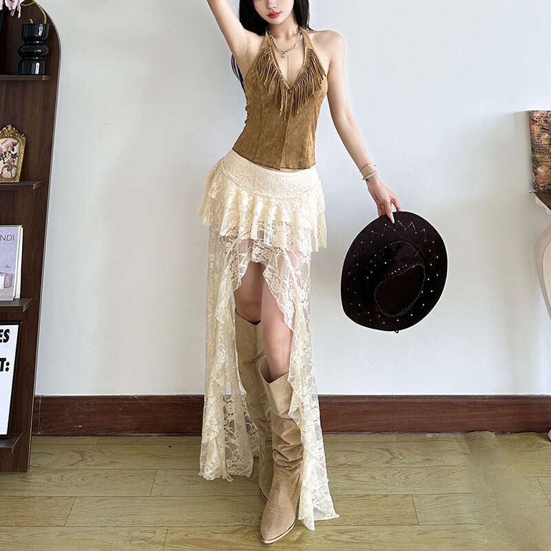 2025 Summer New Women's Solid Color Sexy High Waist Lace Mesh Split Skirt 819