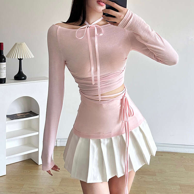 2024 Spring New Women's Fashion Sexy Long Sleeve Round Neck Waist-Exposing Tie T-Shirt a63