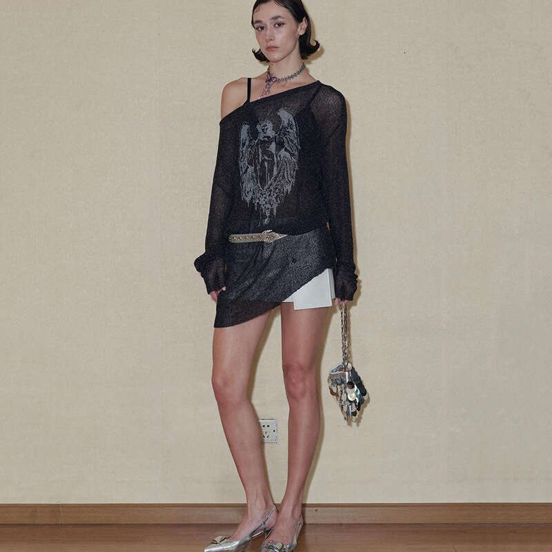 2024 Autumn New Women's Fashion Solid Color Loose Street Style Asymmetrical Neck Mid-Length Long Sleeve Top cf7