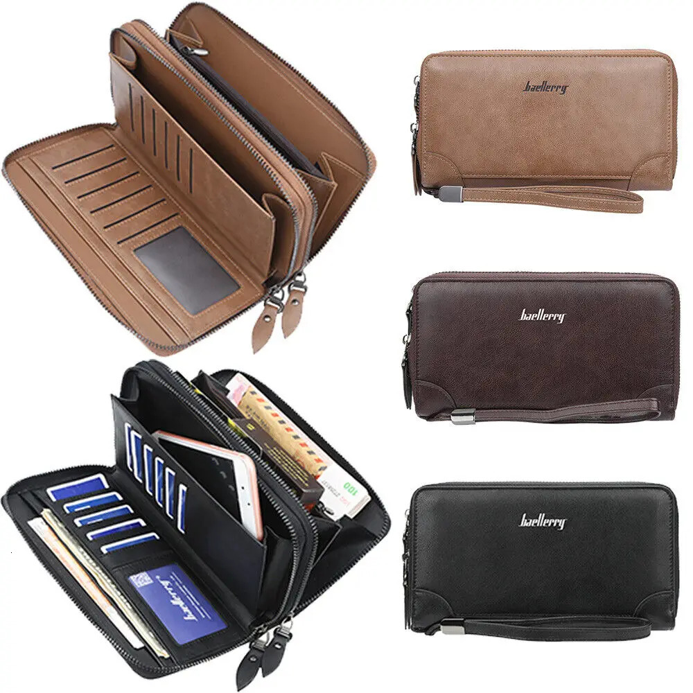 Mens Double Zipper Wallet Card Holder Clutch Purse Checkbook Cell Phone Handbag Long Organizer Bag With Wristlet 250723