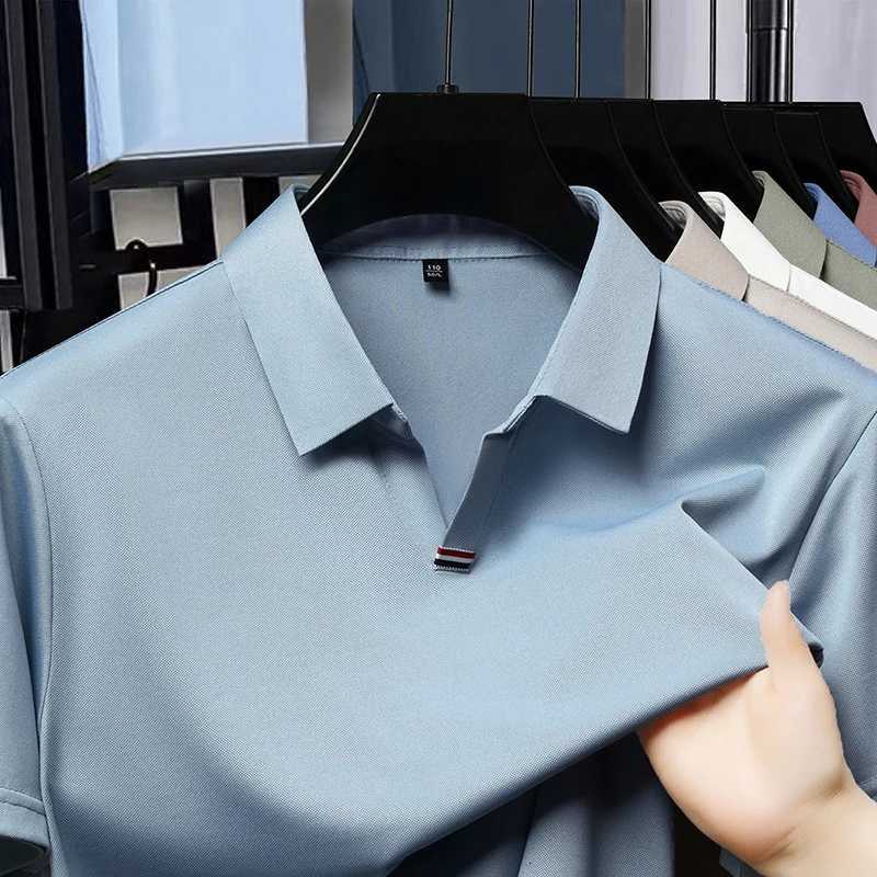 High Quality Brand Solid Color V-Neck Short Sleeve Polo Shirt Men Summer Fashion Simple Casual Ice Silk Breathable Lapel T-Shirt XJ250725