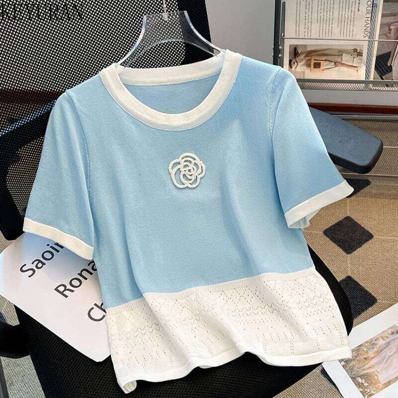 Designer Leisure High Quality 2025 Summer Thin Ice Silk Knitted Sweater T-shirt Women Round Neck Short Sleeve Patchwork Pullovers Knitwear Tops Ladies