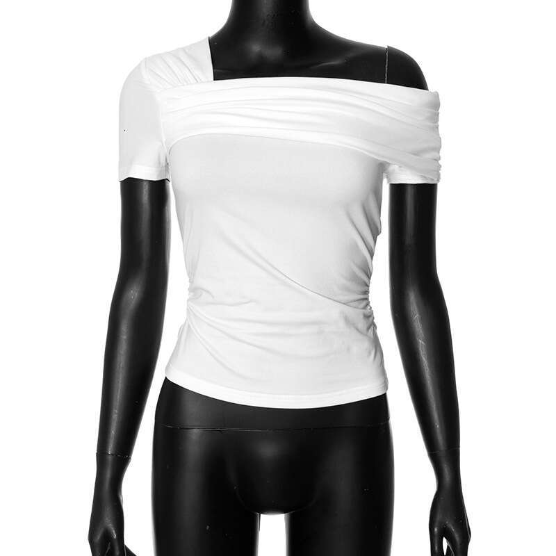 Y23tp706 Women's Autumn New Solid Color One-Shoulder Short Sleeve Backless Ruched Top T-Shirt B5