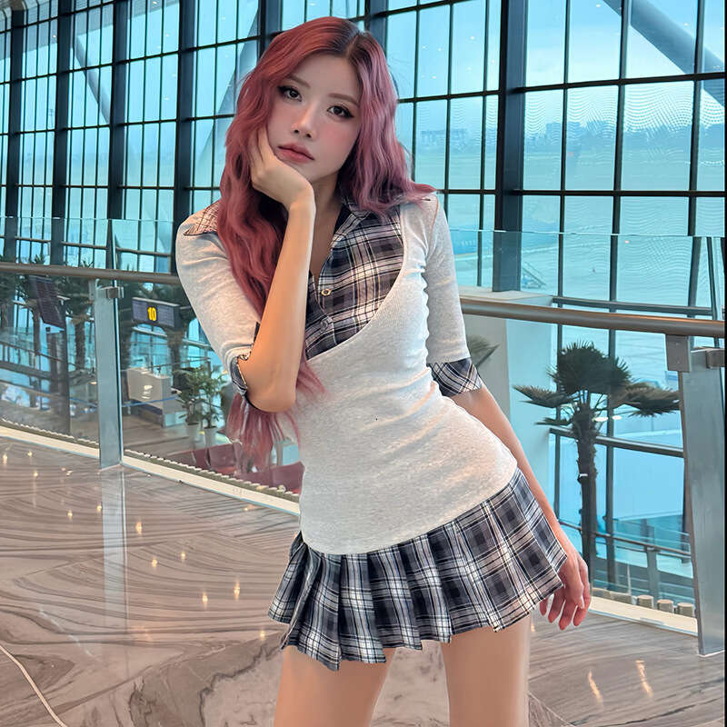 Summer INS Style Niche Design Trendy Fashion Plaid Patchwork Top Puff Half Skirt Women's Clothing 52f