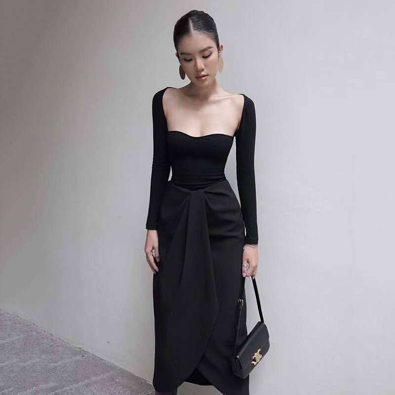Women's Clothing 2024 Autumn Winter New Solid Color Sexy Long Sleeve Square Neck High Waist Dress for Women 315