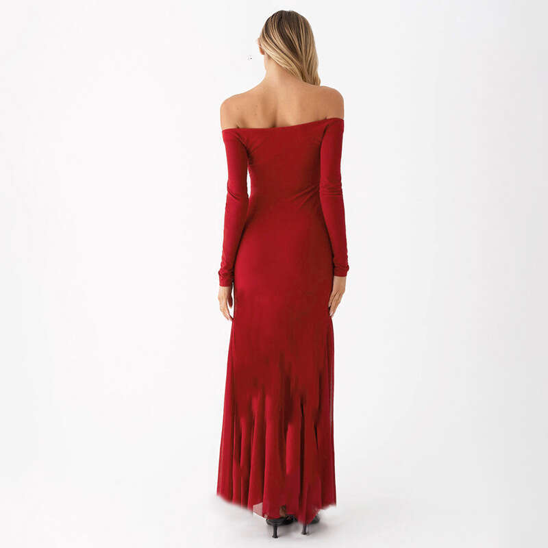 Qds465 Women's Autumn New Off-Shoulder Long Sleeve Printed High Waist Slim Fit Bodycon Mermaid Dress B5
