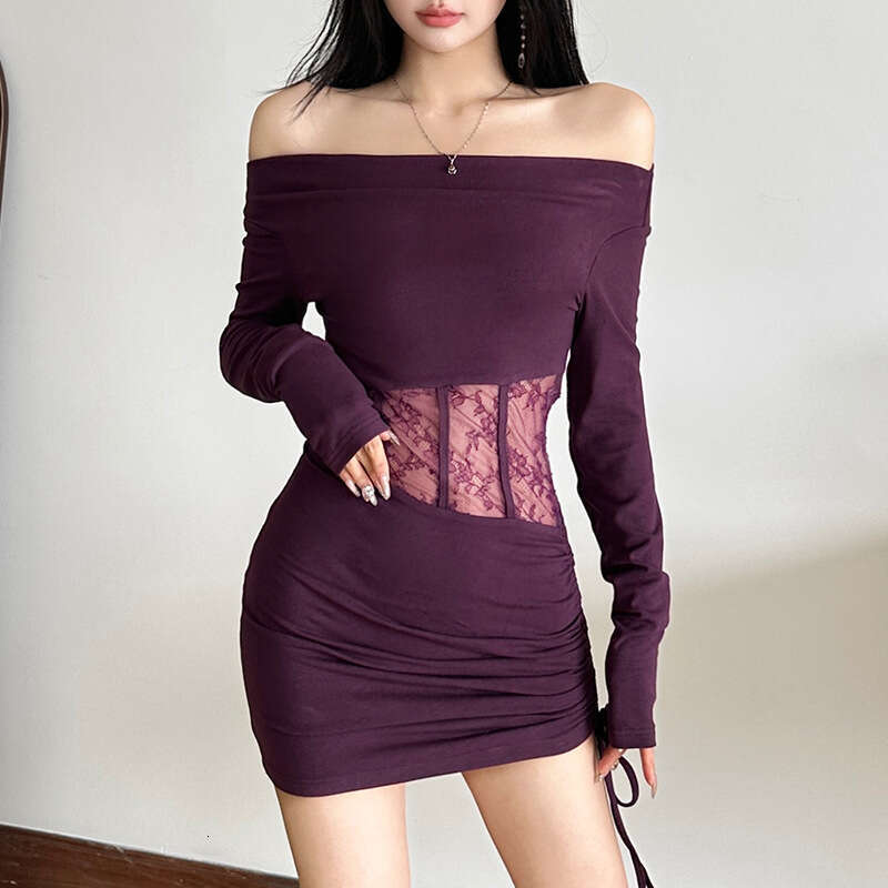2024 Autumn Winter New Women's Solid Color Slim High Waist Fashion Asymmetrical Neck Long Sleeve Ruched Dress 365