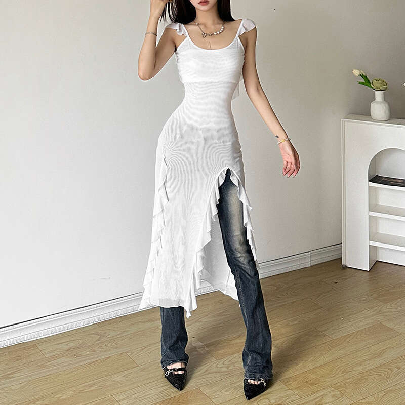 2024 Women's Summer New Solid Color Sexy Short Sleeve High Waist Slit Mid-Length Dress f2d