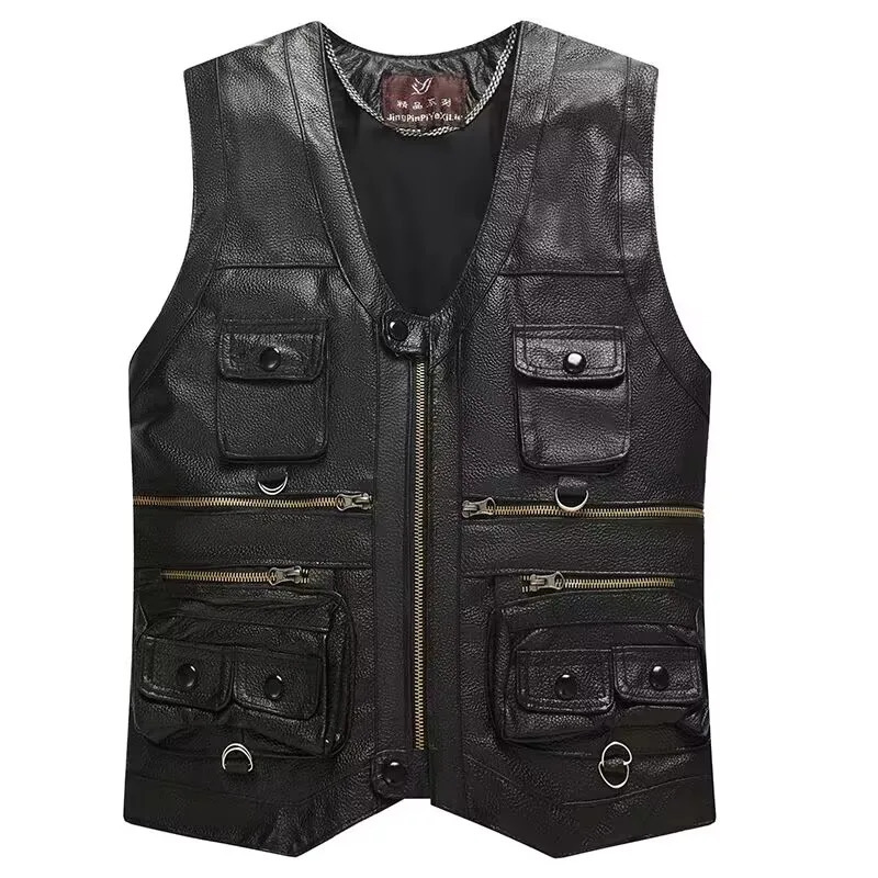 2025 gentlement leather vest male slim commercial sheepskin men waistcoat with many pockets 250725