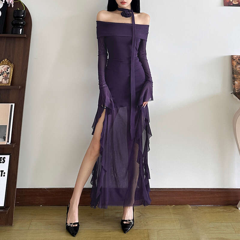 2024 Autumn New Women's Solid Color Slim Fit Fashion Off-Shoulder Long Sleeve Split Dress fbf