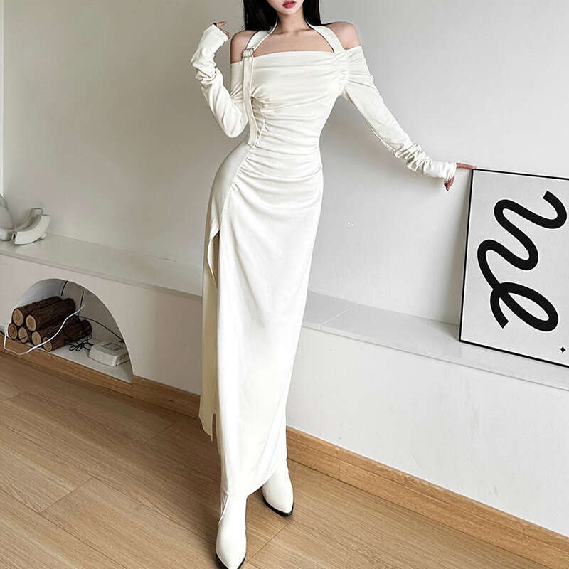 2023 Autumn New Women's Solid Color Slim Fit Fashion Off-Shoulder Long Sleeve Split Dress d74