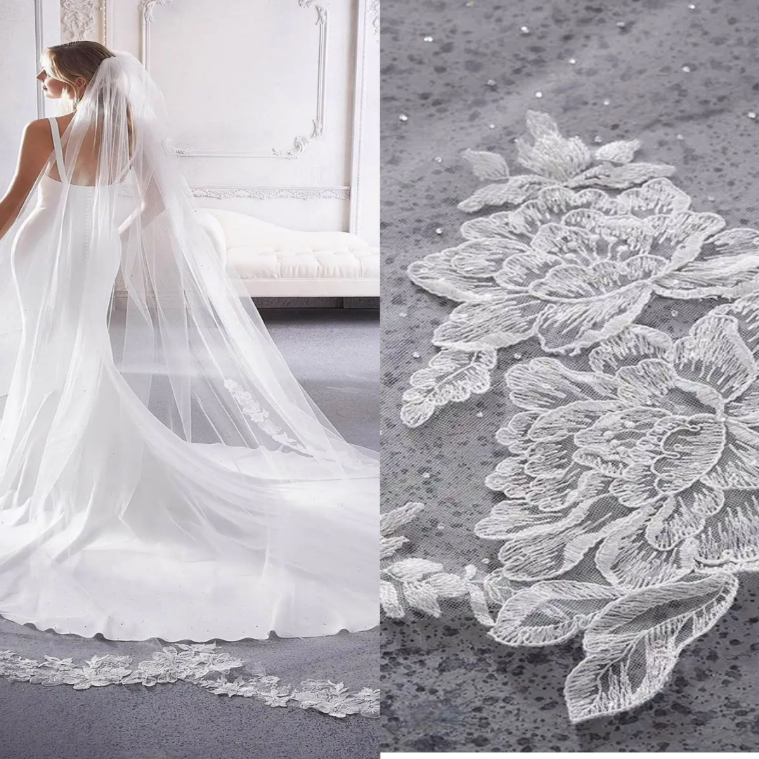Princess Wedding Veil Beaded One Layer Long Cathedral Length Veils Lace Edge Velo De Cabeza For Bride Voile Customized