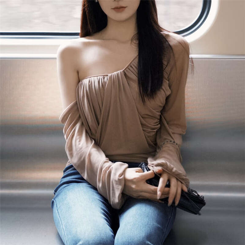 2025 Women's Summer New Fashion Street Style Solid Color Sexy Asymmetric Neck Long Sleeve T-Shirt cd1