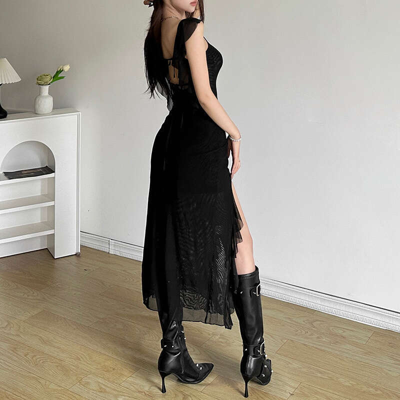 2024 Women's Summer New Solid Color Sexy Short Sleeve High Waist Slit Mid-Length Dress f2d
