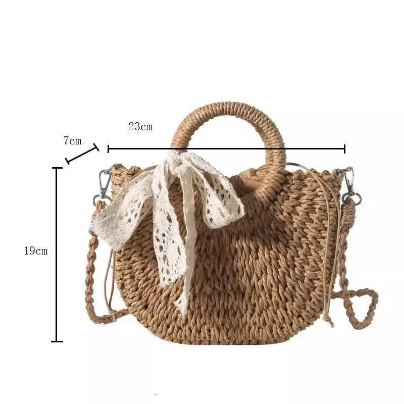 Str Bag Wen Hand-Woven Handbag Mo Shape Lace Bow Rattan Bag Large Capacity Drawstring Casual Beach Shoulder Crossbody Bag Y250725
