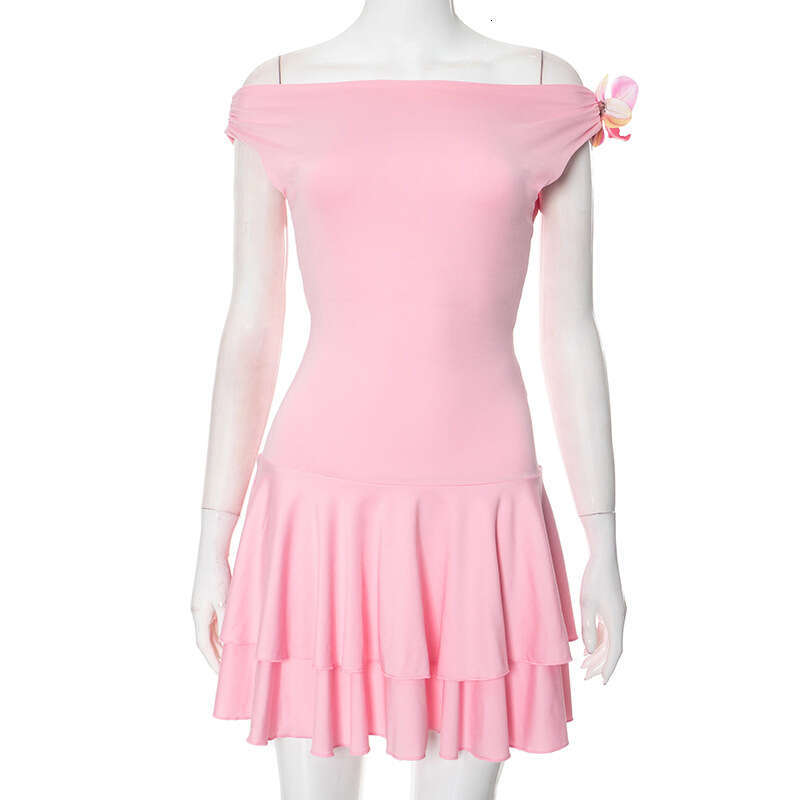 Yds055 Women's Spring Summer Off-Shoulder Pullover Sleeveless Three-Dimensional Floral Pleated Short Dress B5