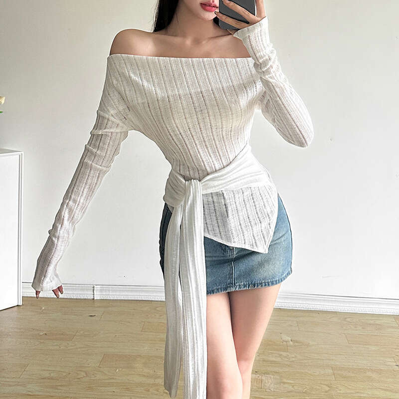 2024 Autumn New Women's Solid Color Slim Fit Street Fashion Off-Shoulder Long Sleeve Backless Top f44