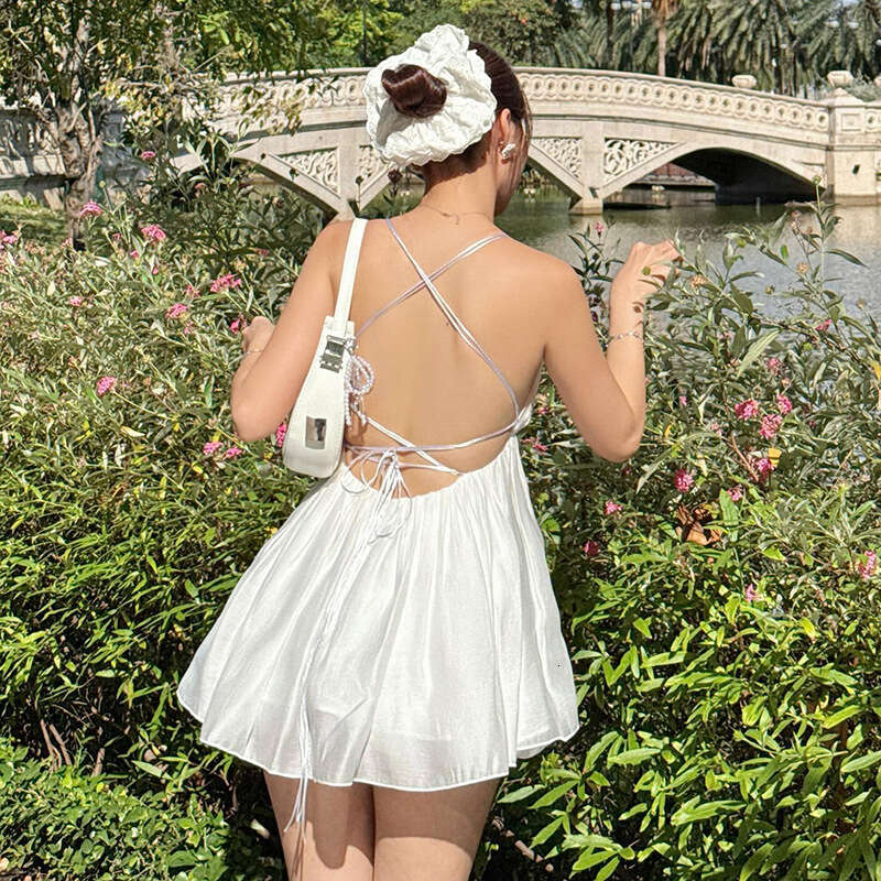 2025 Spring New Women's Solid Color Slim High Waist Fashion V-neck Strap Backless Dress e48