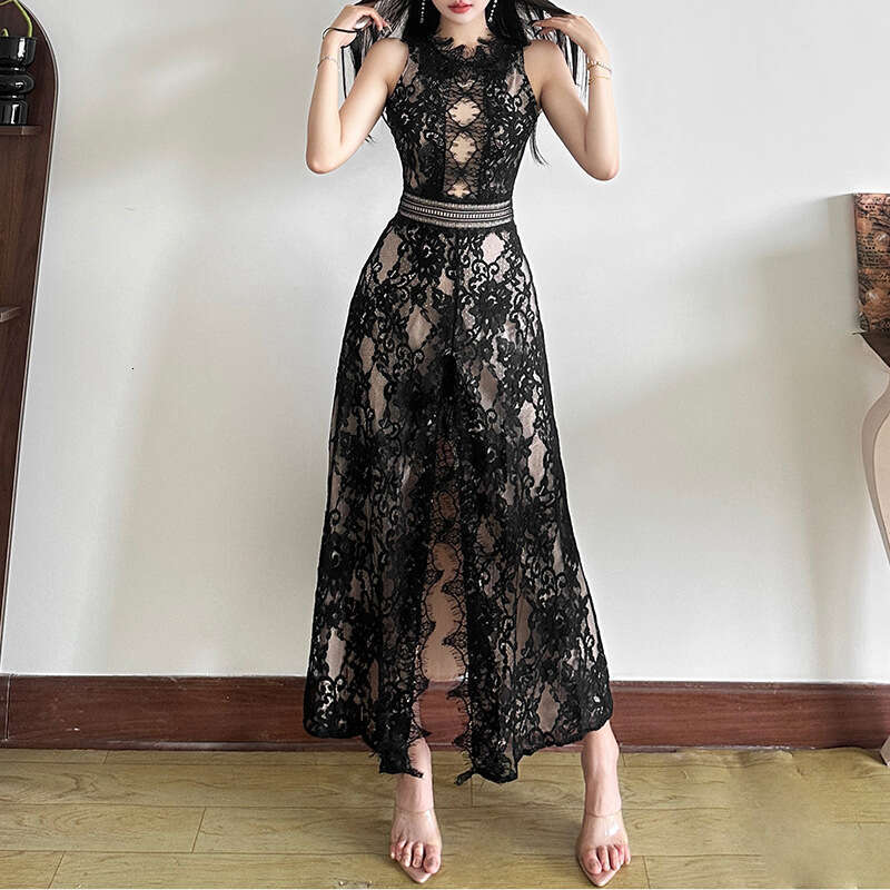 2025 Summer New Sexy Fashion Back Hollow Niche Design Lace Round Neck Sleeveless Long Dress d5c