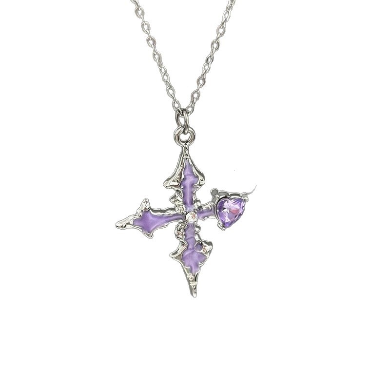 Eco-friendly Material Dark Style Purple Heart Cross Necklace Sparkling Exquisite Fashionable High-Value Versatile Collarbone Chain Jewelry for Women