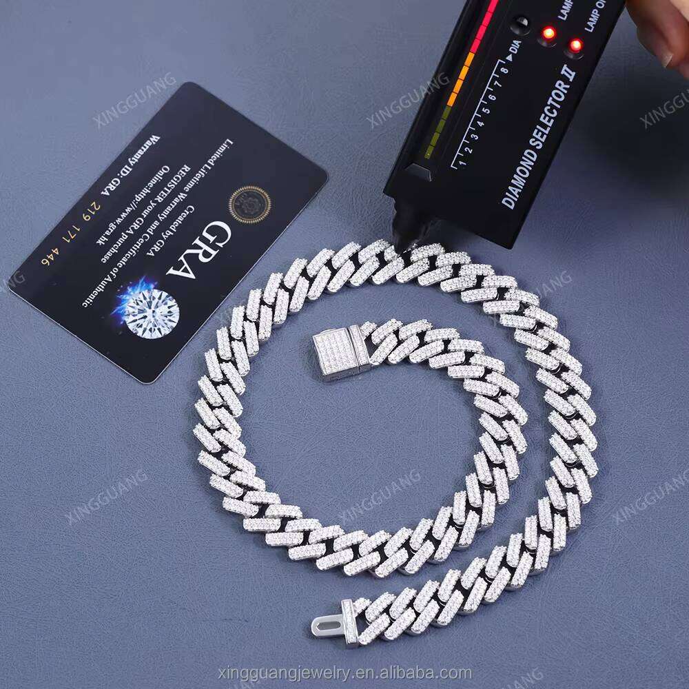 XingGuang Hot Selling Pass Tester Solid Sier 13mm 2Rows Iced Out Hip Hop Moissanite Dia Cuban Link Chain