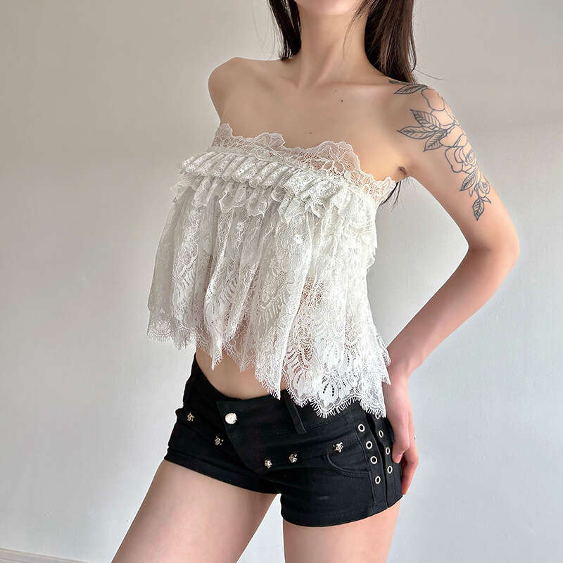 2025 Summer New Women's Fashion Street Style Sexy Lace Trim Strapless Two-Piece 8e0