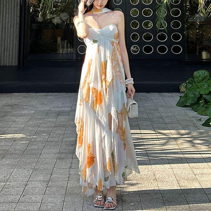 2025 Summer New Style Halter Neck Slim Fit Elegant Asymmetric Backless Tube Dress for Women 76f