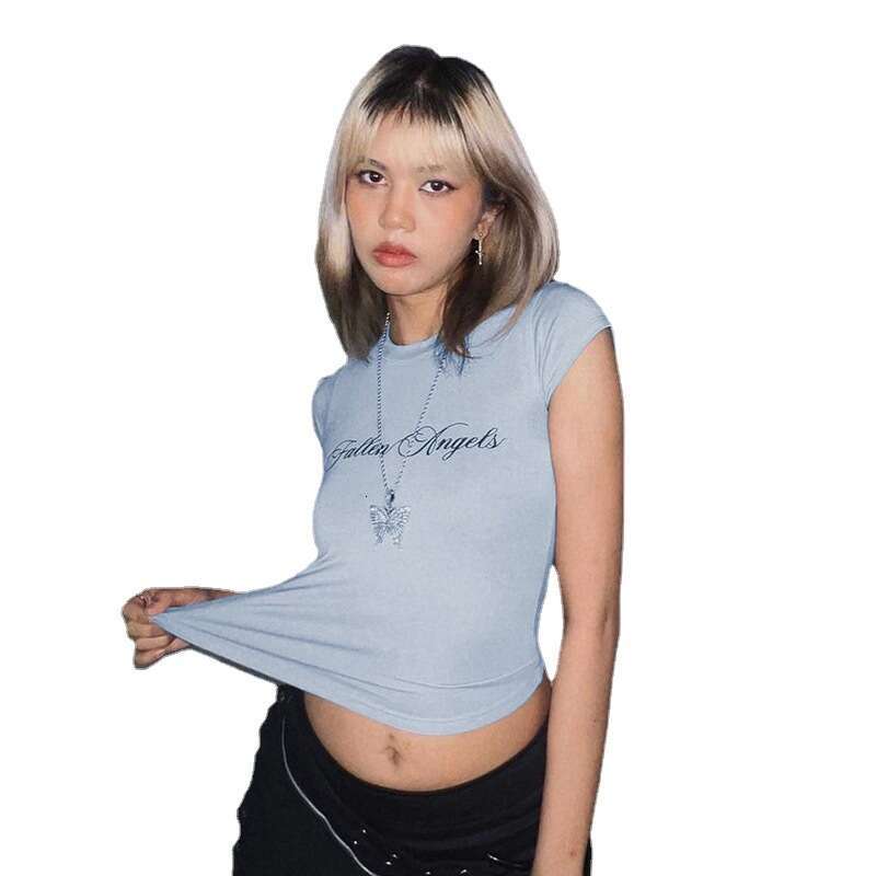 2023 Spring Summer New Women's Solid Color Slim Fit Crop Top Fashion Round Neck Printed Short Sleeve T-Shirt e0a