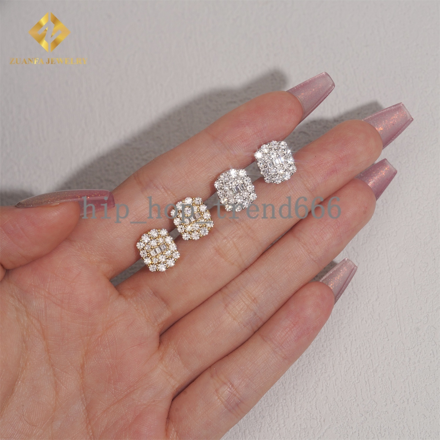 Ready to Ship 18K Gold Plated 925 Silver Ear Studs Iced Out Baguette Diamond Women Jewelry Hip Hop VVS Moissanite Stud Earrings