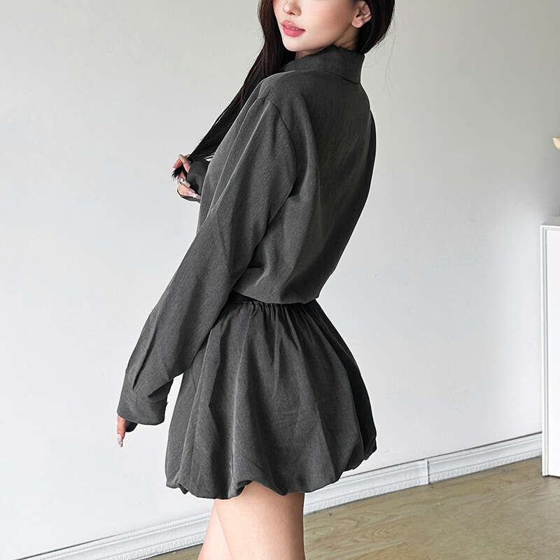 2024 Autumn New Women's Solid Color Slim High Waist Street Fashion Turn-Down Collar Long Sleeve Dress b26